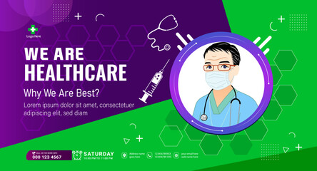 Healthcare and medical Doctor banner, Medical health poster template design. Realistic hospital webinar template.