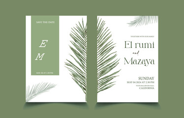 Simply white wedding invitation with watercolor palm leaf hand drawn