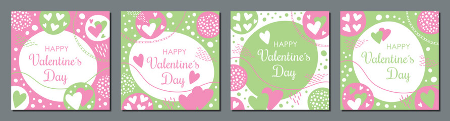 Set of Happy Valentine's Day greeting cards. Square printable templates suitable for social media posts, mobile apps, banners design, sales and promotion web / internet ads.