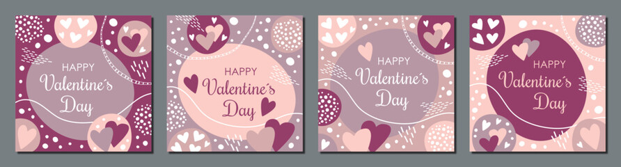 Collection of Happy Valentine's Day greeting cards. Set of square romantic templates suitable for social media posts, mobile apps, banners design, sales and promotion web / internet ads.