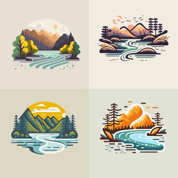 collection of valley river nature mountain forest logo label badge vector
