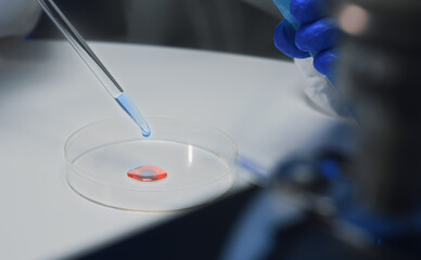Scientist working with test tubes and petri dish in lab.