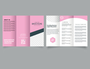 Fototapeta na wymiar Pink trifold brochure. Design for women's companies. Advertising leaflet. Trifold brochure with space for photo. Vector template.