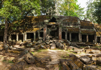 Travel Cambodia concept background - panorama of ancient ruins of Ta Prohm temple, Angkor, Cambodia