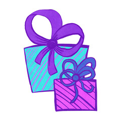 Hand drawn illustration of blue purple gift present box with ribbon bow. Cute funny bright birthday celebration decoration party, festive greeting decor, colorful sale concept event.