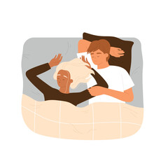 Young couple sleeping in bed under a blanket. Woman and man sleeping together. Healthy sleep, relaxation, restore energy concept. Vector illustration in cartoon style. Isolated background