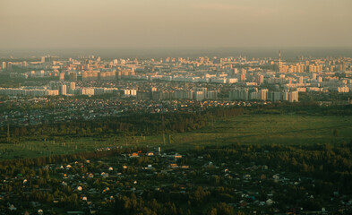 Panoramic summer shot from above of Kazan Kremlin. Tatarstan, Russia. Capital of the Republic of Tatarstan. City centre and landmark line with sunny weather. Sights, churches and mosque Kul-Sharif.