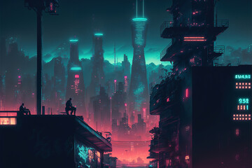 cyberpunk city, gloomy atmosphere, tall buildings, neon lights, futuristic style, art illustration
