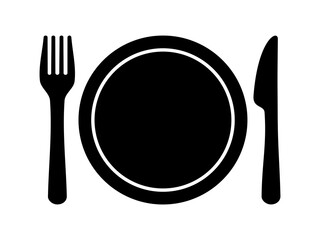 DISH WITH CUTLERY, FORK AND KNIFE, PICTOGRAM