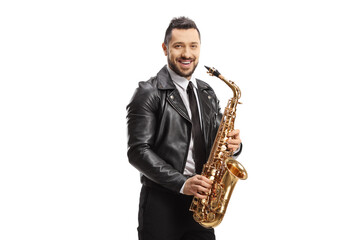 Guy with a saxophone smiling at the camera