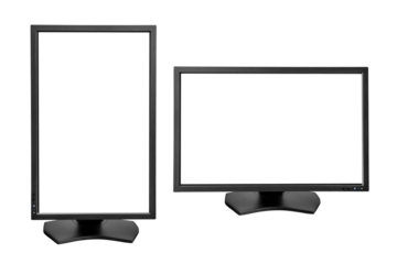 PC monitor in vertical (full page) and horizontal orientation. Isolated png with transparency