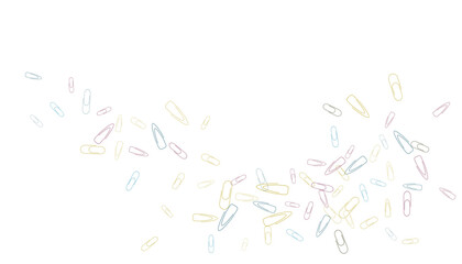 Paper clips are scattered on a white background. Decorative element. Background for design, school and office supplies