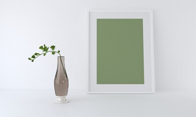 3d rendering of a green blank frame mockup next to a glass vase leaning against a white wall