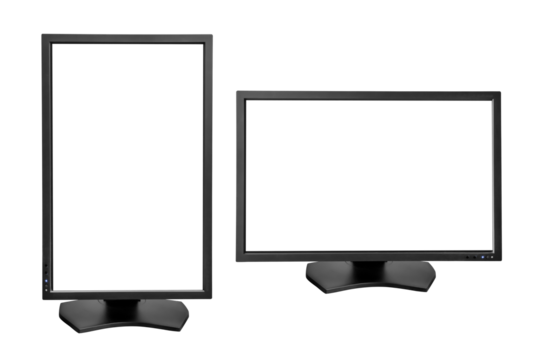 PC monitor in vertical (full page) and horizontal orientation. Isolated png with transparency