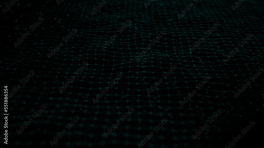 Poster Wave of digital particles on a black background. Abstract interlacing lines and points. Digital connection of elements. Simulation of the movement of small particles. 3D rendering.