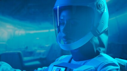A woman astronaut in a space suit aboard the orbital station. A young female cosmonaut pilots a...