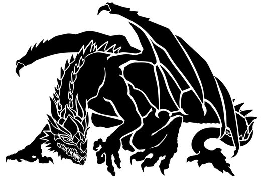 Western Dragon. Black silhouette. Classic European mythological creature with bat-type wings. Sitting pose. Graphic style isolated vector illustration