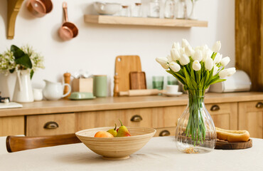 Wood table on kitchen room background