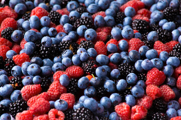close up view of fresh ripe mixed Blueberries, blackberries and raspberries as flatlay background