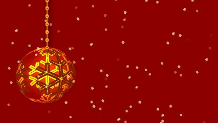 Golden Christmas bauble decoration on red background with snowflakes 