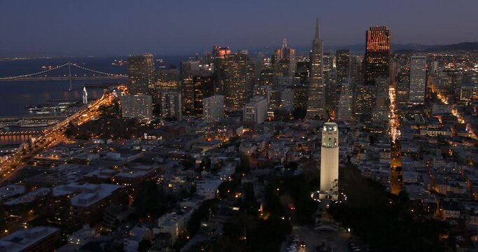 Downtown San Francisco Transamerica Pyramid Coit Tower Sunset Aerial 3