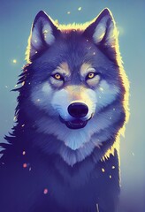 Mystical portrait headshot of cartoon grey wolf. North American land animal standing facing front. Looking towards camera. Mystery light art illustration. Vertical artistic poster.