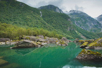 View of glacier lake in Norway, Bondhusvatnet near Buerbreen