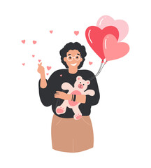 Adult, mature Man holds heart balloons and teddy bear in hands. Man in love on February 14 with presents. Valentines people collection. Cartoon flat vector illustration, Korean heart sign. Finger love