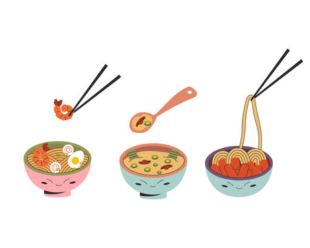 Set of three bowl with asian food with cutlery Korean miso soup Tteokbokki Japanese ramen. Vector stock illustration isolated on white background. Flat style