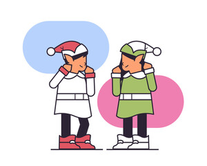 elves couple preparing for new year and christmas holidays celebration santa helpers standing together