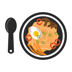 Top view color illustration of delicious ramen soup with mushroom paprika and carrot. Japanese food concept. Vector stock illustration isolated on white background. Flat style