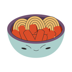 Tteokbokki korean food illustration - rice cakes tteokbokki in cute bowl with spicy sauce. Vector stock illustration isolated on white background. Flat style