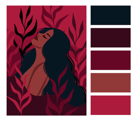 Viva magenta trending color palette of 2023. Vector posters with beautiful black woman