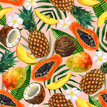 Tropical seamless background. Pattern with beautiful watercolor exotic leaves, pineapple, papaya, coconut, mango, plumeria. Botanical hand drawn illustration. Texture for print, textile, packing.
