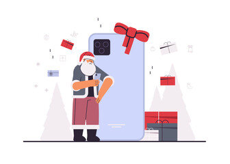 santa claus using smartphone new year christmas holidays celebration concept