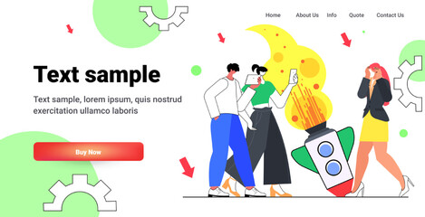 shocked businesspeople near falling down rocket company startup failure unsuccessful launch failed project concept