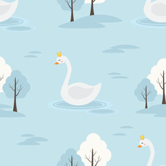 Vector seamless pattern wit white swan character in lake with trees in snow in cartoon style