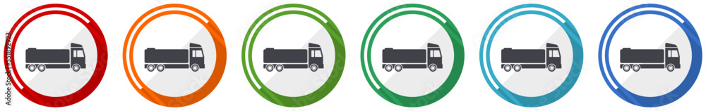 Aufkleber truck icon set, flat design vector illustration in 6 colors options for webdesign and mobile applica