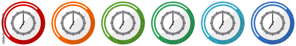 Aufkleber time, clock, watch icon set, flat design vector illustration in 6 colors options for webdesign and m