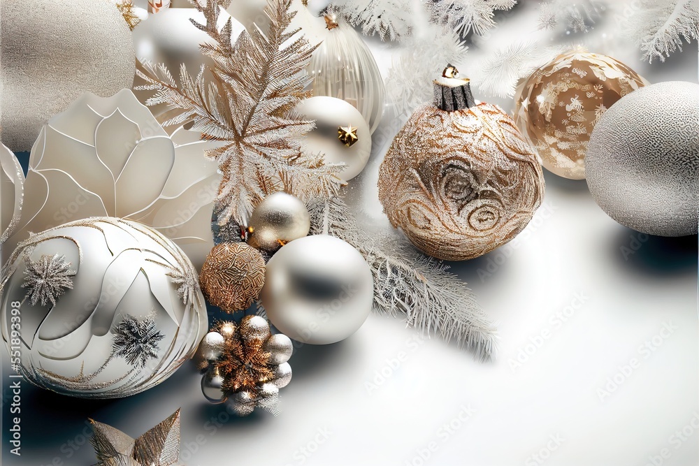 Poster a group of christmas ornaments on a white background with snow flakes and pine cones on the branches