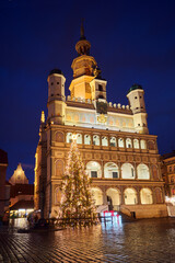 the facade of Renaissance town hall and christmas decorations in city of Poznan
