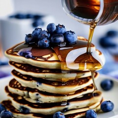 Close-up of a stack of delicious pancakes with fresh blueberries and maple syrup being poured over them on a white plate.  AI generated art illustration - obrazy, fototapety, plakaty