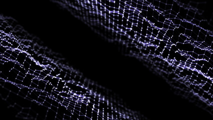 Digital waves with lines and dots on the dark background. The futuristic abstract structure of network connection. Big data visualization. 3D rendering.