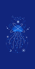 Cosmic jellyfish. Magic underwater life. Space marine composition. Ocean creatures decorated with stars, constellations. Blue, white colors. Illustration for t-shirt, cover, poster, sticker
