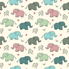 Seamless Pattern with Hand Drawn Elephant Design on Light Yellow Background