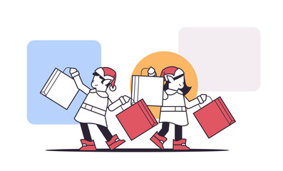 elves with purchases preparing for new year and christmas holidays celebration santa helpers holding shopping boxes