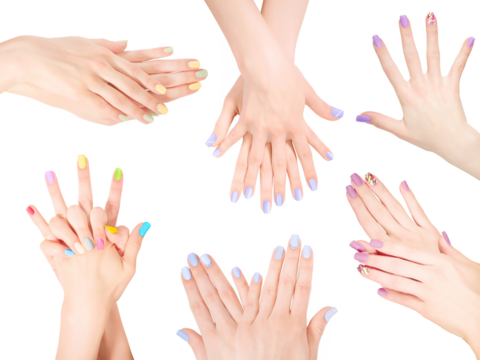 Bundle of hands with creative shellac art manicure. Png isolated with transparency - Powered by Adobe