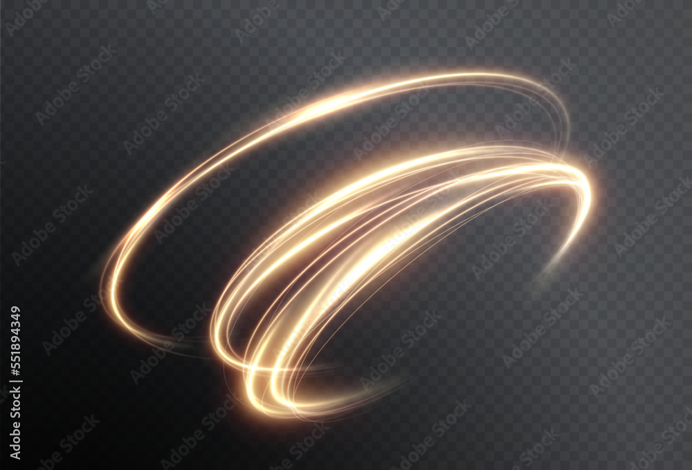 Poster Light golden Twirl. Curve light effect of golden line. Luminous golden circle. Element for your design, advertising, postcards, invitations, screensavers, websites, games.