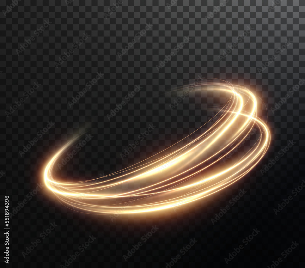 Poster Light golden Twirl. Curve light effect of golden line. Luminous golden circle. Element for your design, advertising, postcards, invitations, screensavers, websites, games.