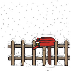a mailbox in front of a snowy fence
- 551894594